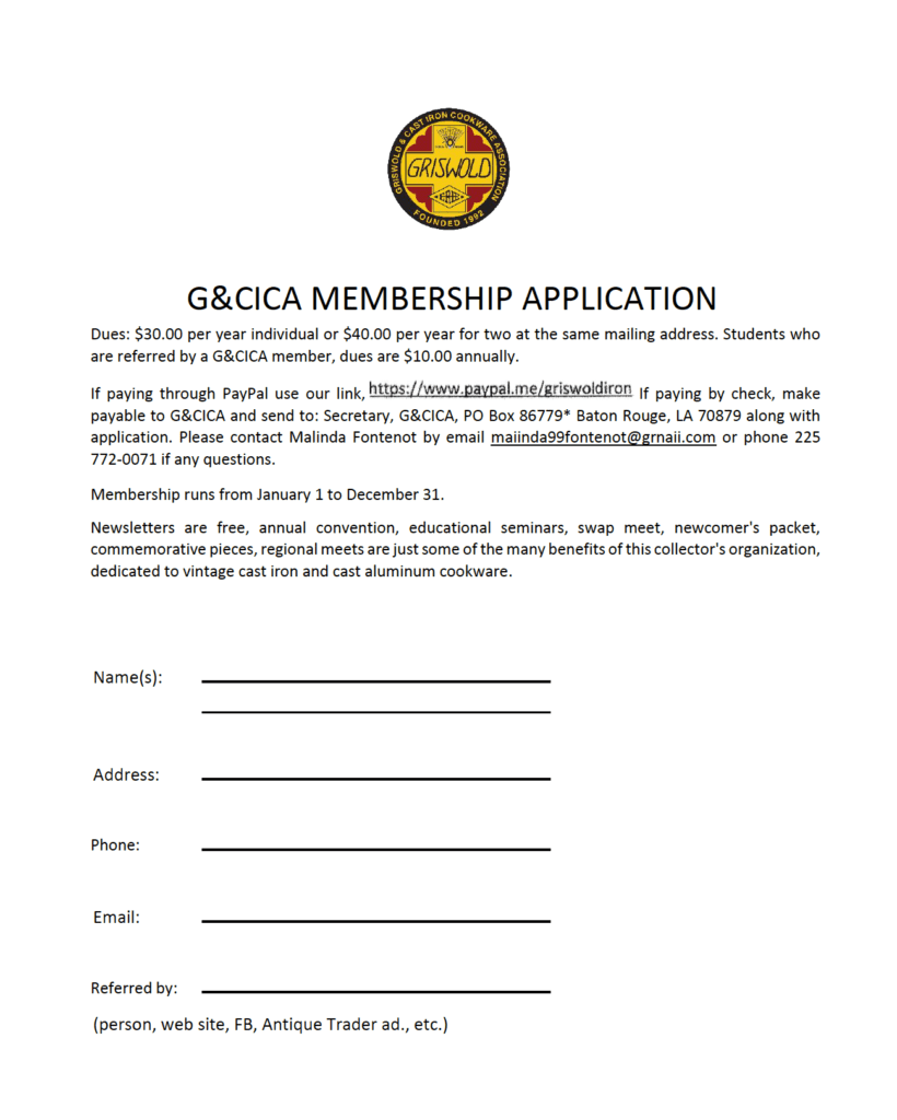 Membership application for the Griswold & Cast Iron Cookware Association. 